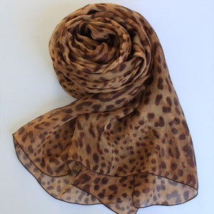 Brown Silk Chiffon Scarf with Leopard Print - Leopard Printed Silk Chiffon Scarf - AS67