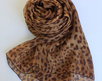 Brown Silk Chiffon Scarf with Leopard Print - Leopard Printed Silk Chiffon Scarf - AS67