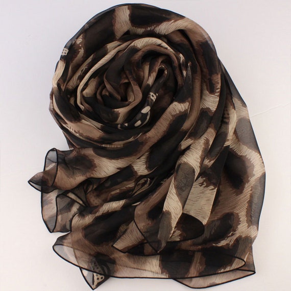 Animal Print Silk scarf Brown Silk Chiffon Scarf with Large | Etsy