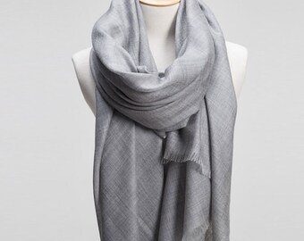 Oversize Gray Wool fringe Scarf - Grey Wool fringe Scarf - Oversize wool scarf- Solid Color Wool Scarf - LightWeight Wool Scarf - 2017A