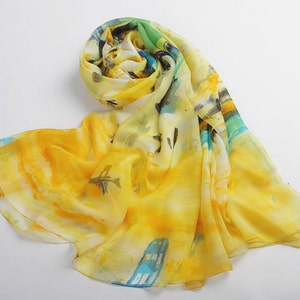 Bright Yellow Silk Chiffon Scarf with Abstract Floral Print - Yellow Mulberry Silk Scarf - AS80