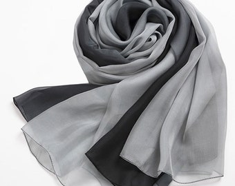 Black and Gray Silk Scarf - Grey and Black Gradient Coloured Silk Chiffon Scarf -Gray Gradient Colour Silk Chiffon Scarf - AS2016-2