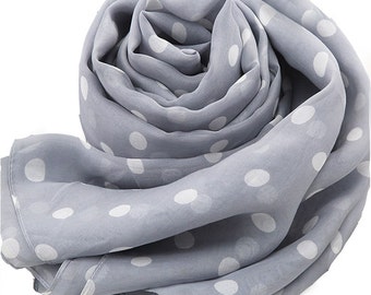 Gray Silk Scarf - Grey Silk Scarf with Dot Print - Polka Dot Printed Gray Silk Scarf - AS 2015-72