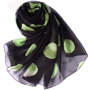 Black Silk Scarf with Dot Print - White Mulberry Silk Chiffon Scarf -Dot print silk scarf- Floral silk scarf-AS2218K