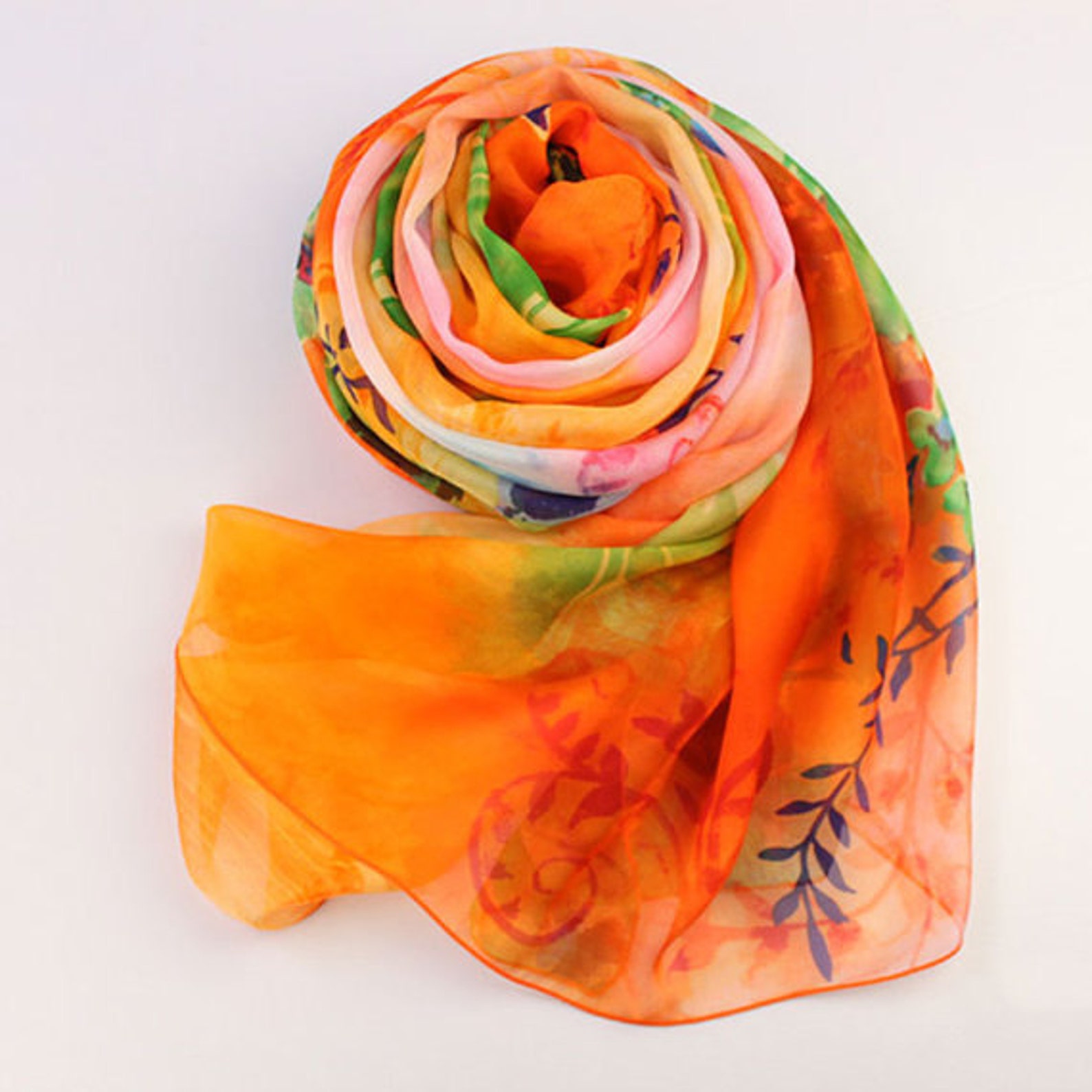 Bright Orange Floral Silk Scarf Orange Silk Chiffon Scarf Etsy