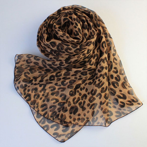 Brown Silk Chiffon Scarf with Leopard Print - Leopard Printed Silk Scarf - Animal Print Silk scarf -  AS43