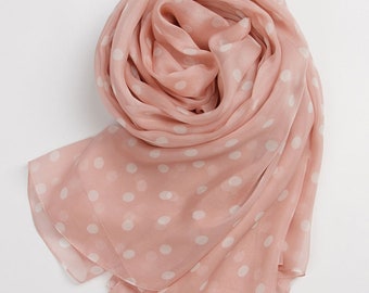 Pink Silk Chiffon Scarf with Large Polka Dot Print - Polka Dot Printed Silk Scarf - Reserve for Em Tikkit