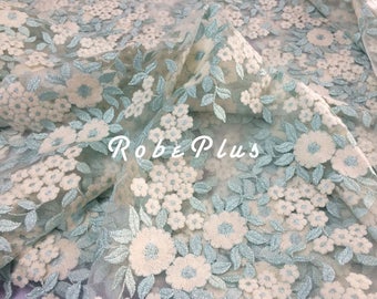 Multi-color Tulle Embroidered Tulle Lace -Floral Embroidered Tulle Schiffli Lace - Aqua Schiffli Lace - Pale Turquoise Tulle Lace - L280