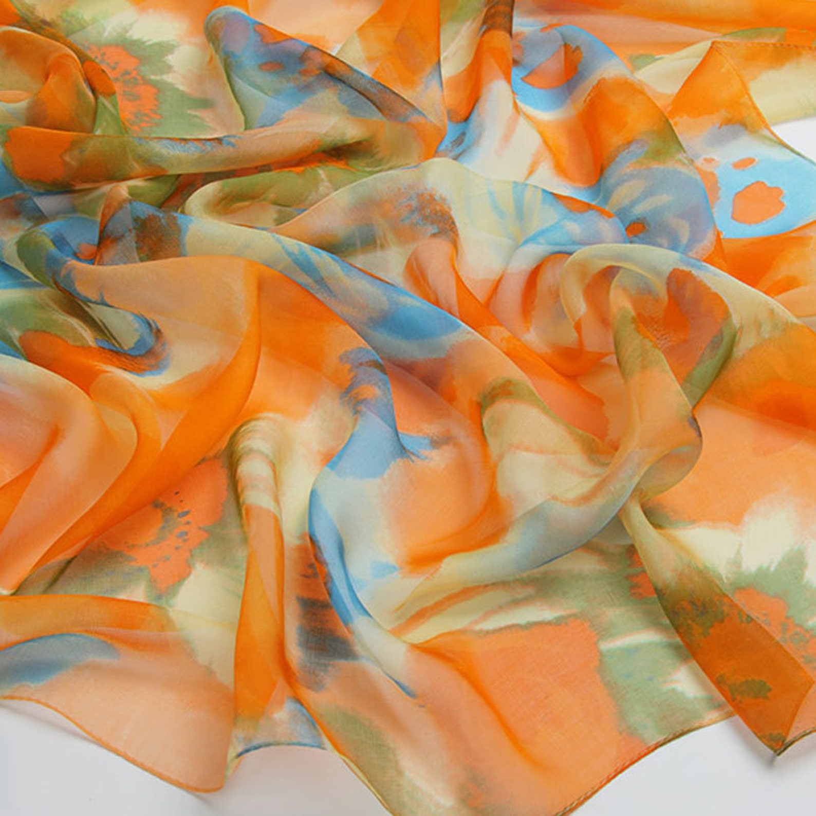 Orange Floral Silk Scarf Orange and Blue Silk Chiffon Scarf Floral Silk