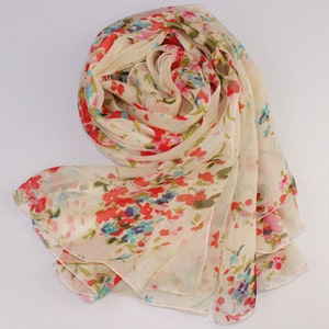 Ivory Silk Scarf with Pastoral Floral Print - Pastoral Silk Chiffon Scarf - AS73