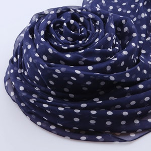 Blue Silk Scarf with White Dot Print - Polka Dot Printed Blue and White Silk Scarf - AS S-8