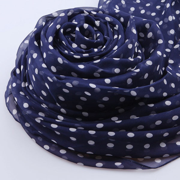 Foulard en soie bleue avec imprimé à pois blancs - Foulard en soie bleue et blanche imprimé à pois - AS S-8