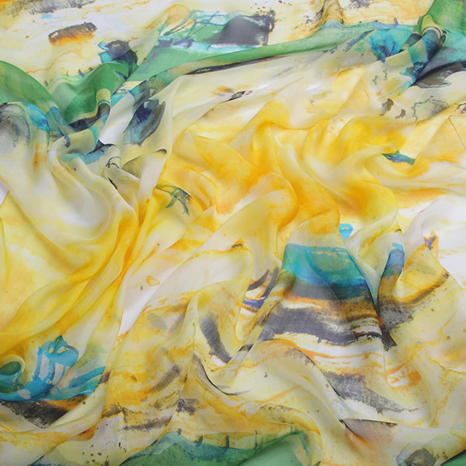 Bright Yellow Silk Chiffon Scarf With Abstract Floral Print Yellow