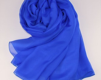 Royal Blue Silk Scarf - Crystal Blue Mulberry Silk Chiffon Scarf - AS12