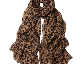 Brown Silk Chiffon Scarf With Leopard Print - Leopard