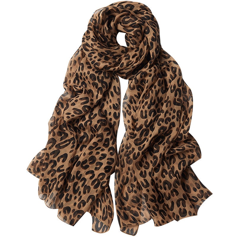 Brown Silk Chiffon Scarf With Leopard Print Leopard Printed 