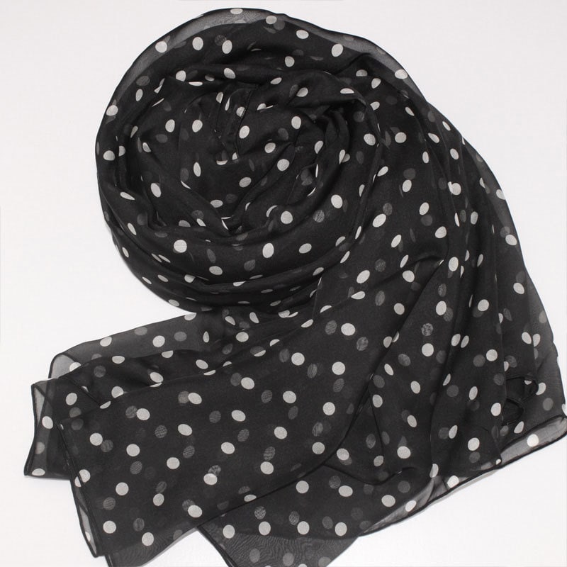 Polka Dot Print Silk Scarf- Dark Green Silk Chiffon Scarf With
