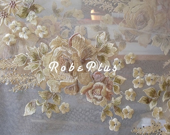 Schiffli Lace - Rhinestone Lace Fabric - Tulle Embroider Lace - Floral Embroidered Lace with Rhinestone Embellishment -Champagne Lace Fabric