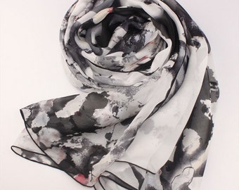 Oriental Floral Paint Silk Chiffon Scarf - Foulard en soie florale noir et blanc - AS48