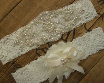 Wedding Garters, Ivory Bridal Garter Set, Crystal Rhinestone &Pearl, Vintage Inspired Garter, Ivory , Vintage Lace Garter