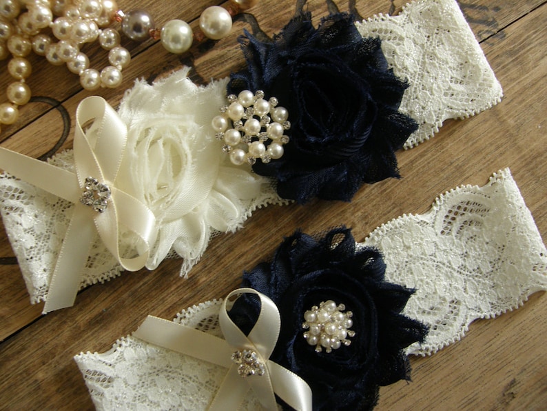 Something Blue Garter Wedding Garters Lace Garter Navy Blue Ivory Bridal Garter Toss Garter Vintage Inspired
