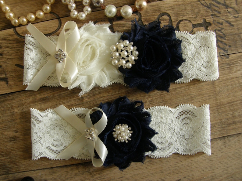 Something Blue Garter Wedding Garters Lace Garter Navy Blue Ivory Bridal Garter Toss Garter Vintage Inspired