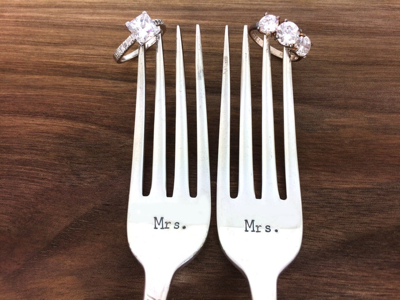 Same sex wedding gift, wedding forks, mrs. mrs. forks, hand stamped silverware, lesbian wedding