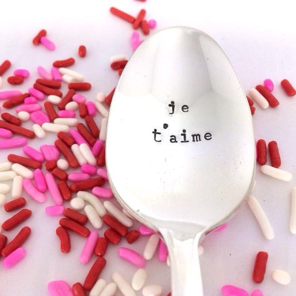Je t'aime stamped spoon, Hand Stamped spoon, Vintage Silverware, i love you spoon, gift under 20, anniversary gift for her