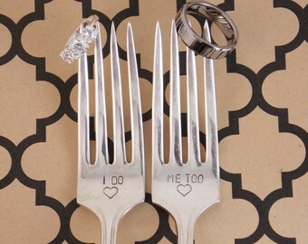 I do/ Me too Fork Set - Hand Stamped, Wedding Gift, Wedding Forks