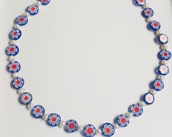 Blue Millefiori Flower Necklace | Freshwater Pearl Beaded Jewelry
