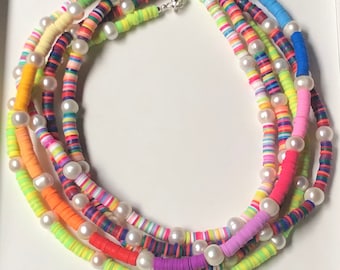 Freshwater Pearl & Heishi PVC Disc Beaded Necklace | Multicolor Necklace | Rainbow or Pastel | Trendy Jewelry