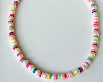 Freshwater Pearl & Heishi PVC Disc Beaded Necklace | Multicolor Necklace | Rainbow Multistripe | Trendy Jewelry