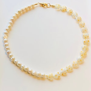 Yellow and White Small Millefiori Glass Hearts & Freshwater Pearl Necklace | Trendy Jewelry