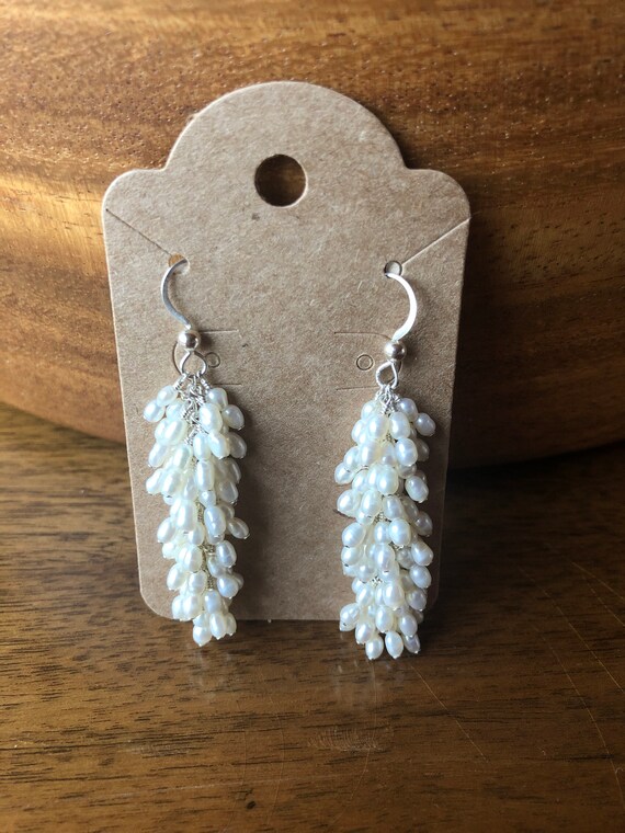 White Rice Seed Pearl Sterling Silver Dangle Earrings Trendy