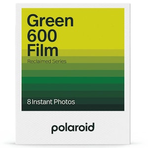 May include: A green and yellow Polaroid film pack with the text "Green 600 Film Reclaimed Series 8 Instant Photos" and the Polaroid logo.