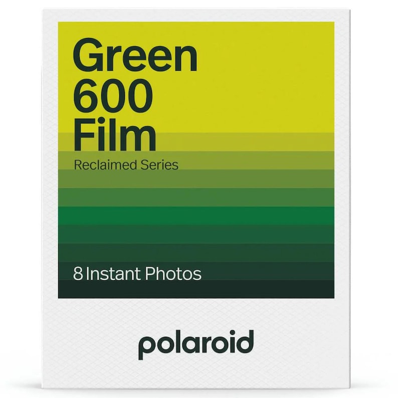 May include: A green and yellow Polaroid film pack with the text "Green 600 Film Reclaimed Series 8 Instant Photos" and the Polaroid logo.