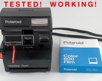 vintage Original Polaroid OneStep Flash Red Stripe 600 Instant Film Camera et One Pack Nouveau film couleur Polaroid 600 - Testé & Working