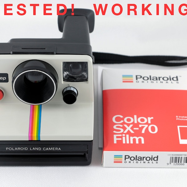 Vintage Polaroid OneStep SX-70 White Rainbow Stripe Instant Camera with One Pack of New Polaroid SX-70 Color Film - Tested & Working
