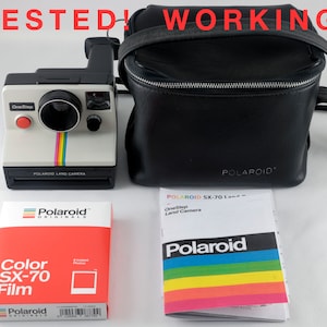 Vintage Polaroid OneStep SX-70 White Rainbow Stripe Instant Camera with Case and 1 Pack New Polaroid SX-70 Color Film - Tested & Working