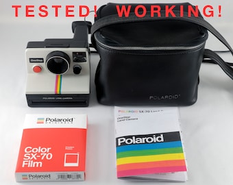 Vintage Polaroid OneStep SX-70 White Rainbow Stripe Instant Camera with Case and 1 Pack New Polaroid SX-70 Color Film - Tested & Working