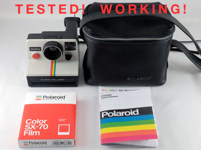 Vintage Polaroid OneStep SX-70 White Rainbow Stripe Instant Camera with Case and 1 Pack New Polaroid SX-70 Color Film Tested & Working image 1