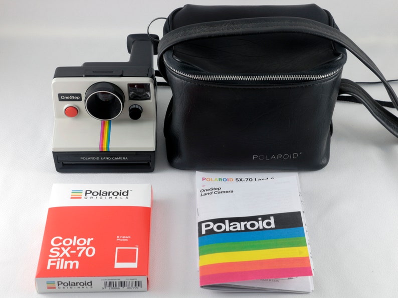 Vintage Polaroid OneStep SX-70 White Rainbow Stripe Instant Camera with Case and 1 Pack New Polaroid SX-70 Color Film Tested & Working image 2