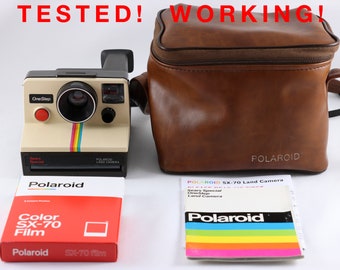 Vintage Polaroid OneStep SX-70 White Rainbow Stripe Sears Special Instant Camera with Case and 1 Pack of SX-70 Color Film - Tested & Working
