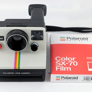 Vintage Polaroid OneStep SX-70 White Rainbow Stripe Instant Camera with One Pack of New Polaroid SX-70 Color Film Tested & Working image 2