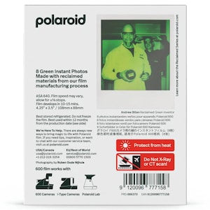 May include: A pack of 8 green instant photos made with reclaimed materials. The pack is labelled "Polaroid 600 film" and features a photo of a person holding a camera. The text on the pack reads "Protect from heat" and "Do Not X-Ray or CT scan!"
