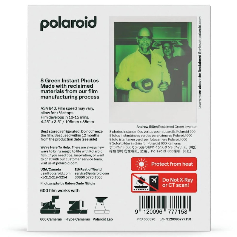 May include: A pack of 8 green instant photos made with reclaimed materials. The pack is labelled "Polaroid 600 film" and features a photo of a person holding a camera. The text on the pack reads "Protect from heat" and "Do Not X-Ray or CT scan!"