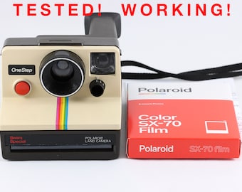 Vintage Polaroid OneStep SX-70 White Rainbow Stripe Sears Special Instant Camera with New Polaroid SX-70 Color Film - Tested & Working