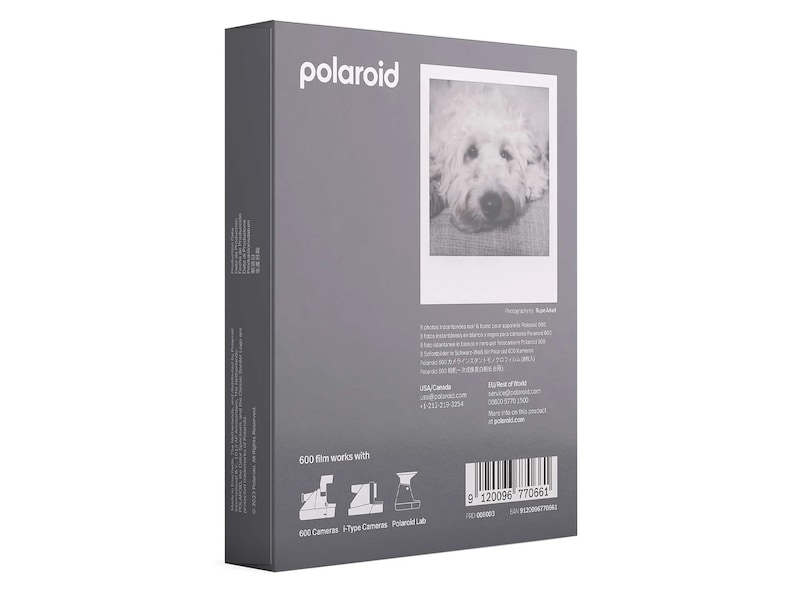 May include: A grey box with the Polaroid logo and a photo of a dog on the front. The back of the box has information about the product, including the text "600 film works with" and a list of compatible cameras. The box also has a barcode and the text "Polaroid Lab".