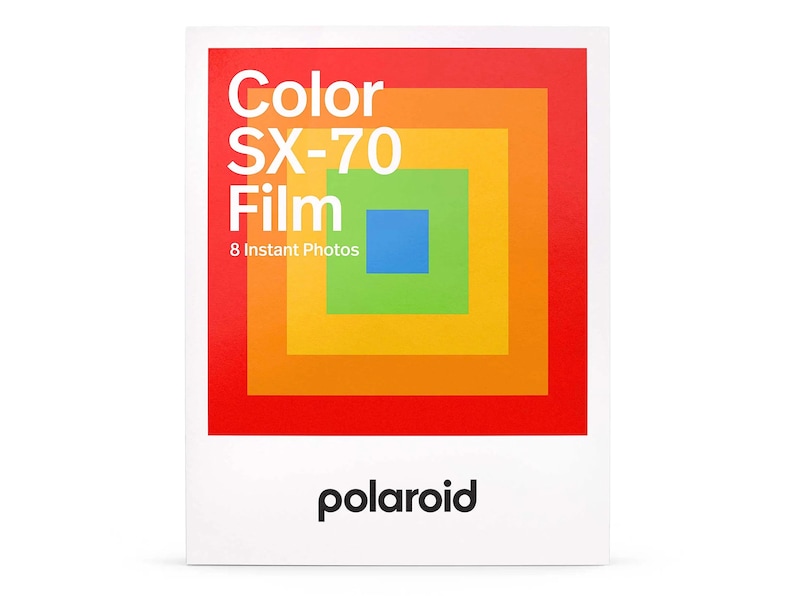 K&ouml;nnte beinhalten: Eine Packung Polaroid SX-70 Farbfilm mit einem Regenbogen-Design und dem Text "Color SX-70 Film 8 Instant Photos" und "polaroid" auf der Vorderseite.