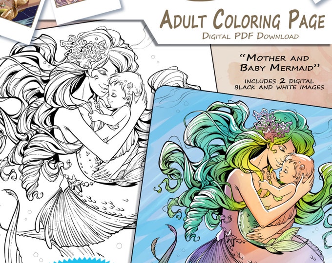 Mother and Baby Mermaid Adult Coloring Page - Etsy